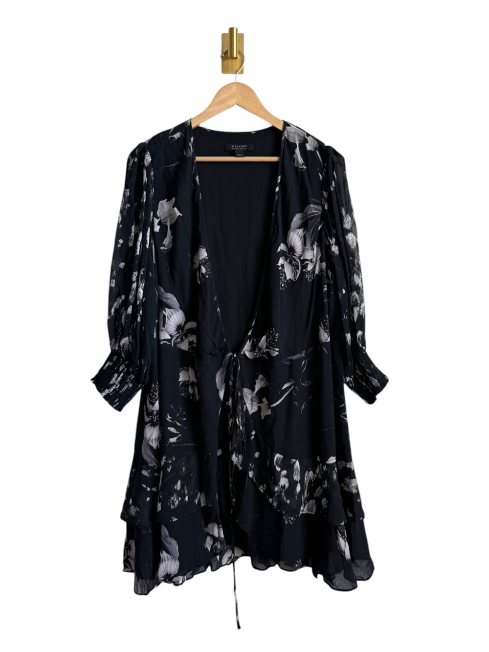 AllSaints Ari Pauline Floral Faux Wrap Chiffon Mini Dress Black Grey 10 - Picture 6 of 16